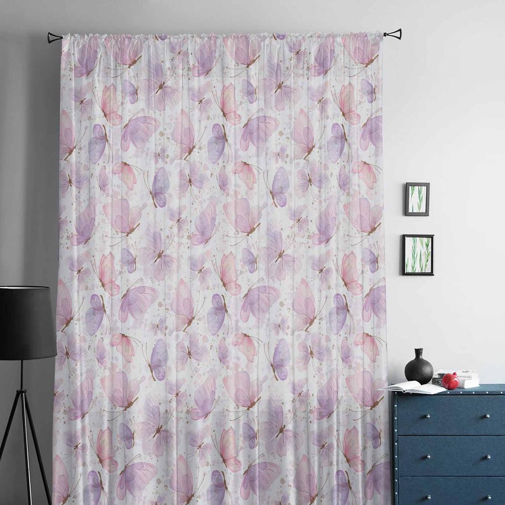 Butterfly Watercolor Minimalist Tulle Window Curtains for Bedroom Luxury Home Decor Drapes in Living Room Chiffon Panels