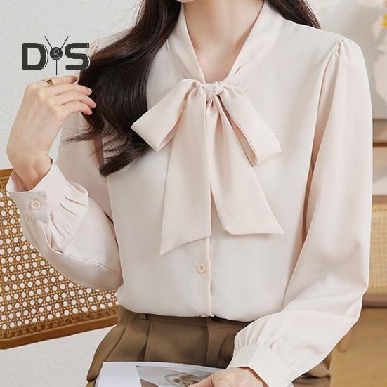 Women Shirt Lace-up Bowknot Collar Long Sleeve Casual Shirt Solid Color Loose Fit Chiffon Shirt Tops Daily Wear
