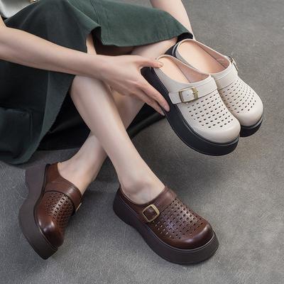 Fashion GKTINOO 2025 Summer New Thick Soled Round Toe Hollow-out Breathable Slippers Genuine Leather Commuting Women's Sandals