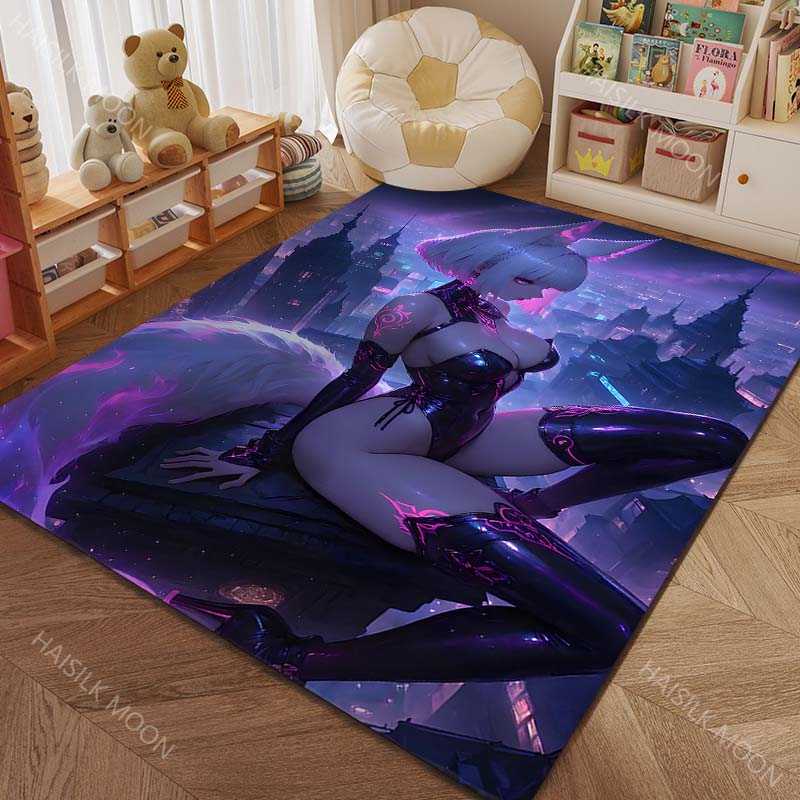 1PC Night City Fox Girl Pattern Rug Carpets for Bedroom Living Room Sofa Mat Creative Door Mat Cloakroom Home Decor