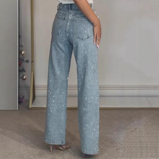 Faux Pearl Jeans for Women High Waist Straight Leg Stretch Denim Pants Casual Wide Leg Beaded Baggy Pants