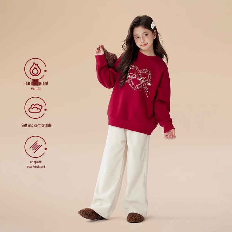 ZuoXi Girls  Red Fleece-Lined Winter Sweatshirt 140