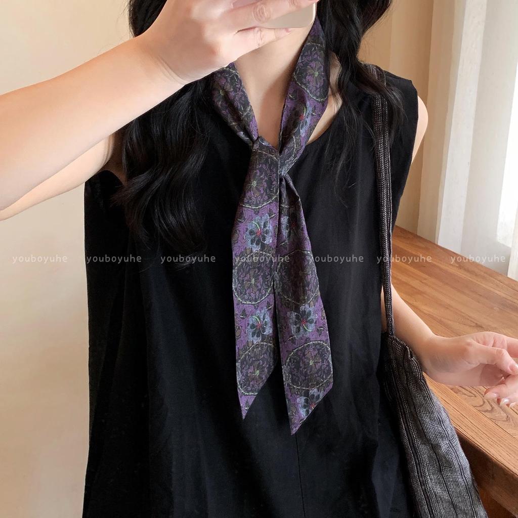 2025 Retro Floral Silk Scarf for Women - Long Neckerchief and Decorative Accessory