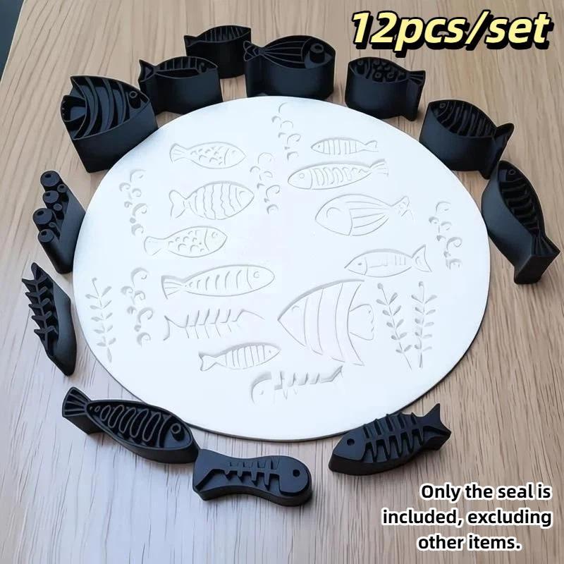 

12Pcs Multi-Shape Fish Marine Algae Clay Stamps Pottery Seals Diy Plastic Clay For Making, Pottery, Scrapbooking, Card Making A4
