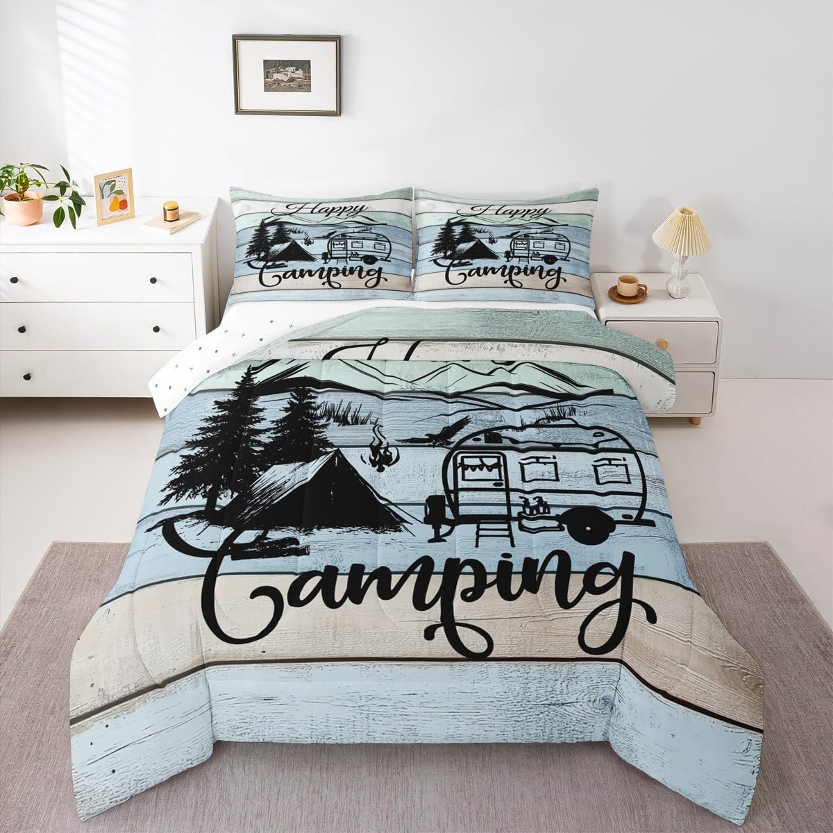 

Erosebridal Happy Camping Twin Comforter Set Camper Bedding Comforters & Sets,Rustic Farmhouse Duvet Camping Accessories Quilt Comforter,RV 240x220cm