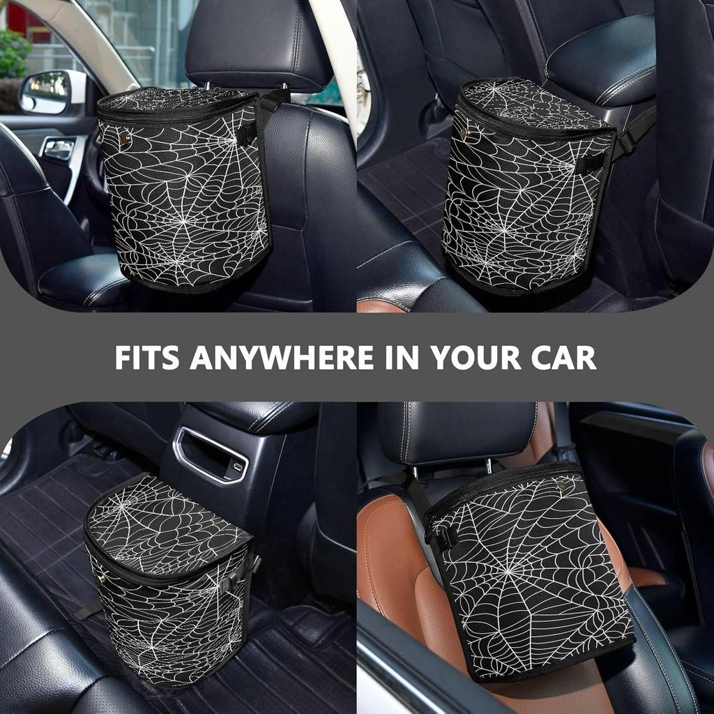 Halloween Gray Spider Web Car Trash Can with Lid Waterproof Leak Proof Car Trash Bag Car Garbage Can for Headrest SUV Truck
