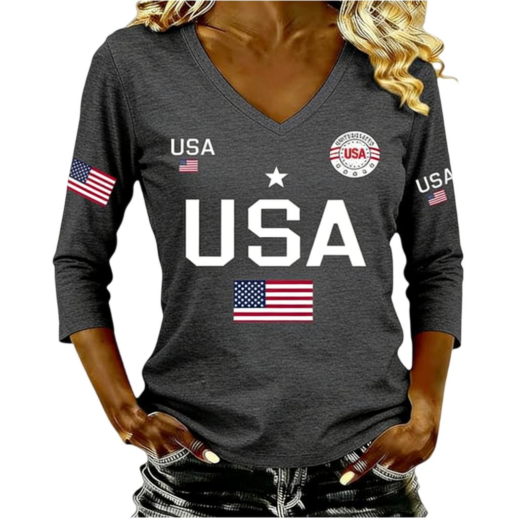 Women V Neck 3 4 Sleeve USA Letter Print Top Casual Loose Fit American Flag Graphic Pullover Shirt for Women