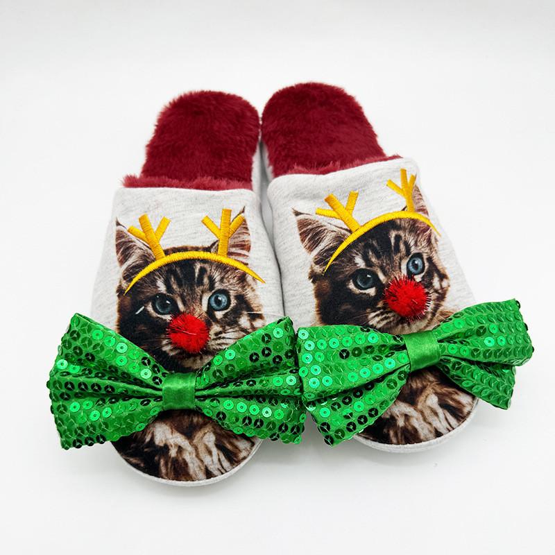 

Рождественские кошачьи хлопковые тапочки Зимние теплые плюшевые туфли для гостиной Рождественский подарок Big Bow,Foot Length 27.5cm