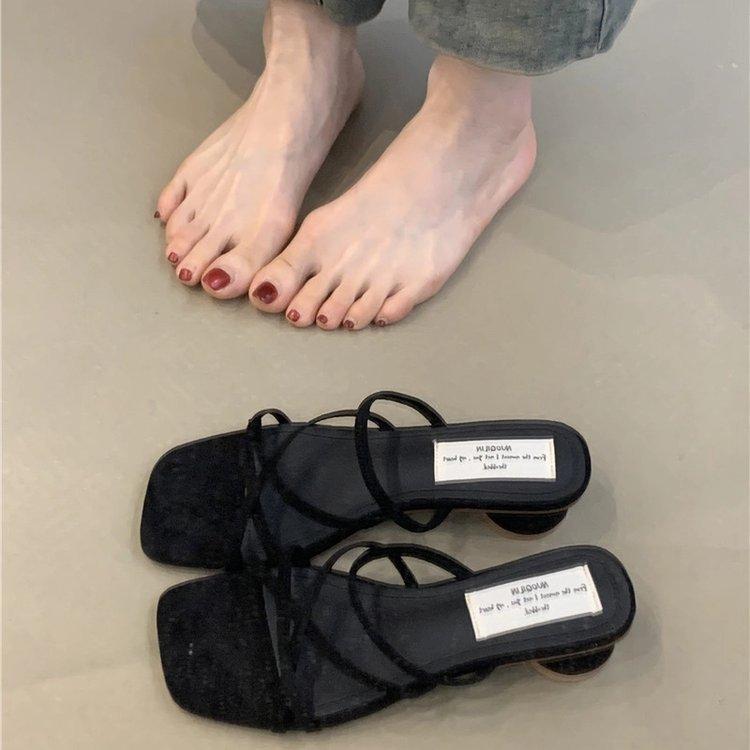 Soft Leather Version~ French Gentle Thick-heeled Sandals Female Evening Breeze with Skirt Open-toed Fairy Square Head with Cool Slippers