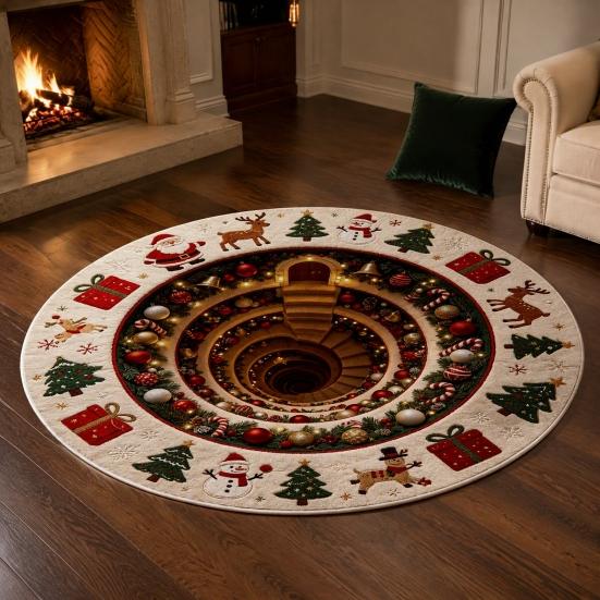 Santa Claus Elk Print Rugs Christmas Round Area Rug, 3D Visual Trap Floor Mat with Print, Festive Entrance Hall Runners Non-Slip Stain Resistant