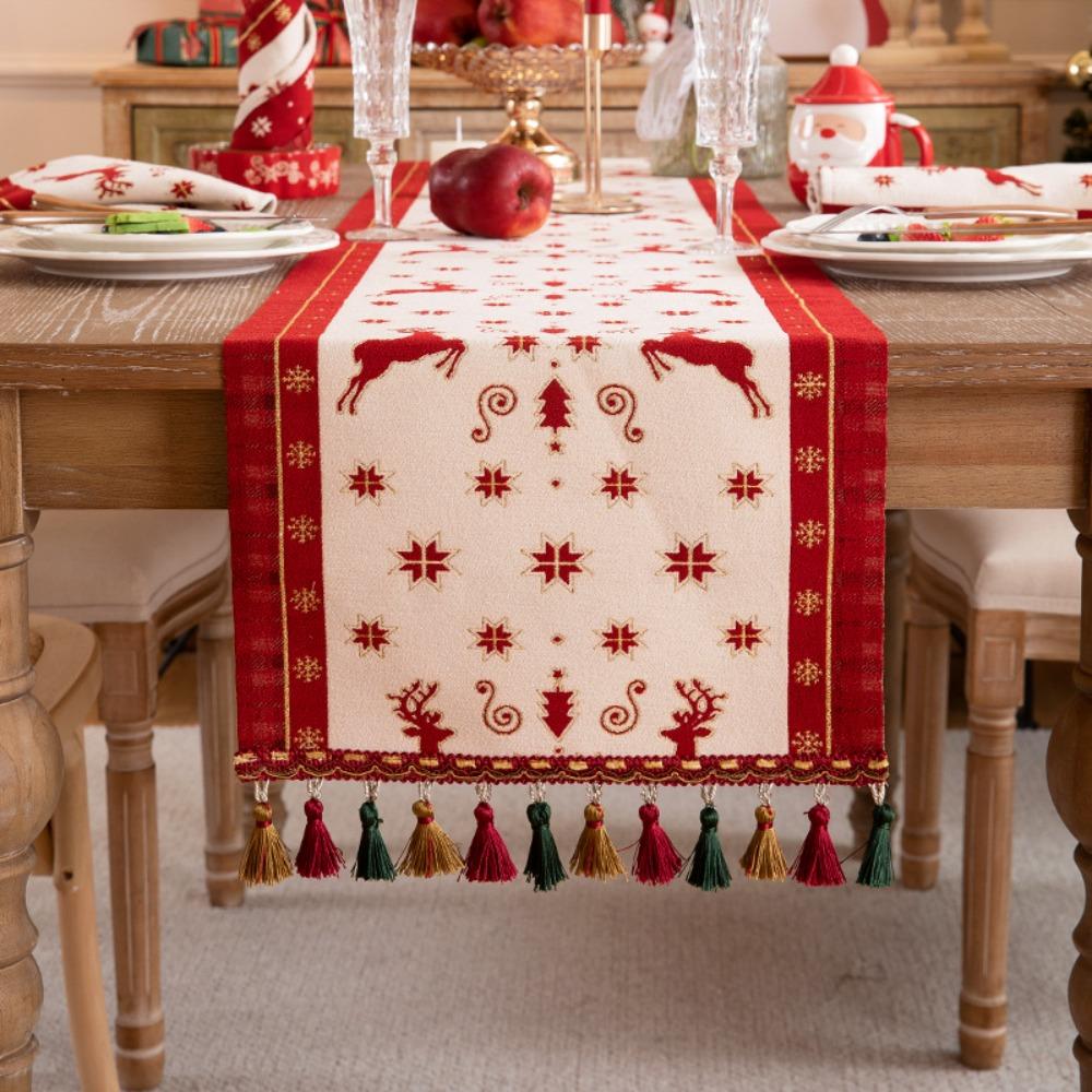 Red Christmas Table Runner Woven Jacquard Xmas Tree Holiday Bed End Flag Dresser Coffee Table Cover