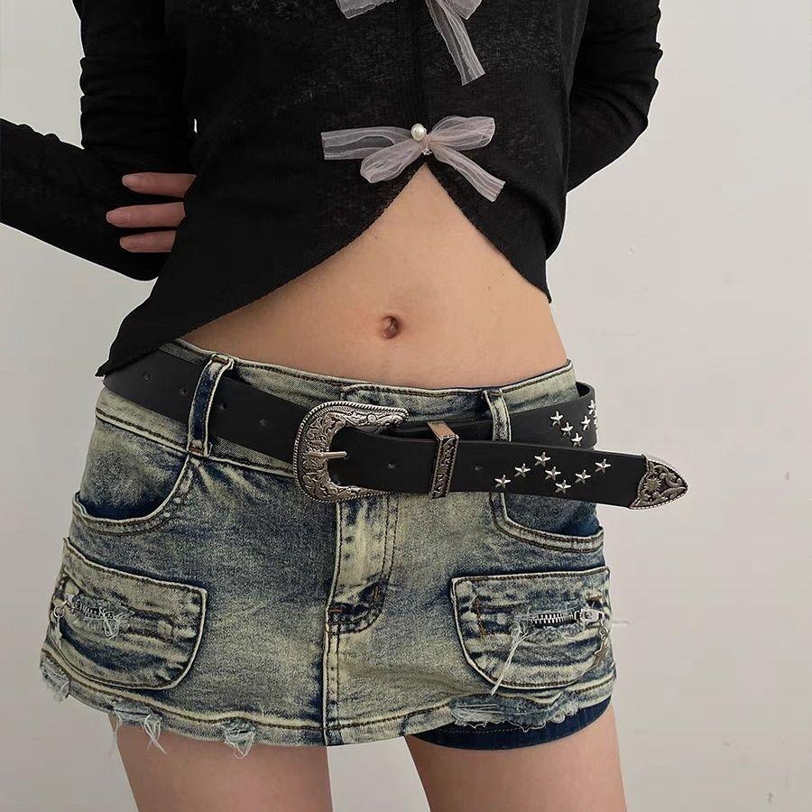 Star Rivet Pu Women's Belt Goth Retro Versatile Jeans Accessories Girdle Hip Hop Punk Y2k Girls Pin Buckle Waistband