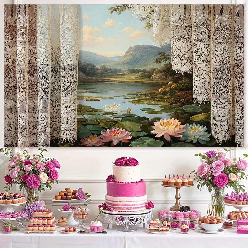 2D Monet Style Lily Pond Banner, Lake with Water Lilies for Photoshoot 47.2x31.5inch/120*80cm