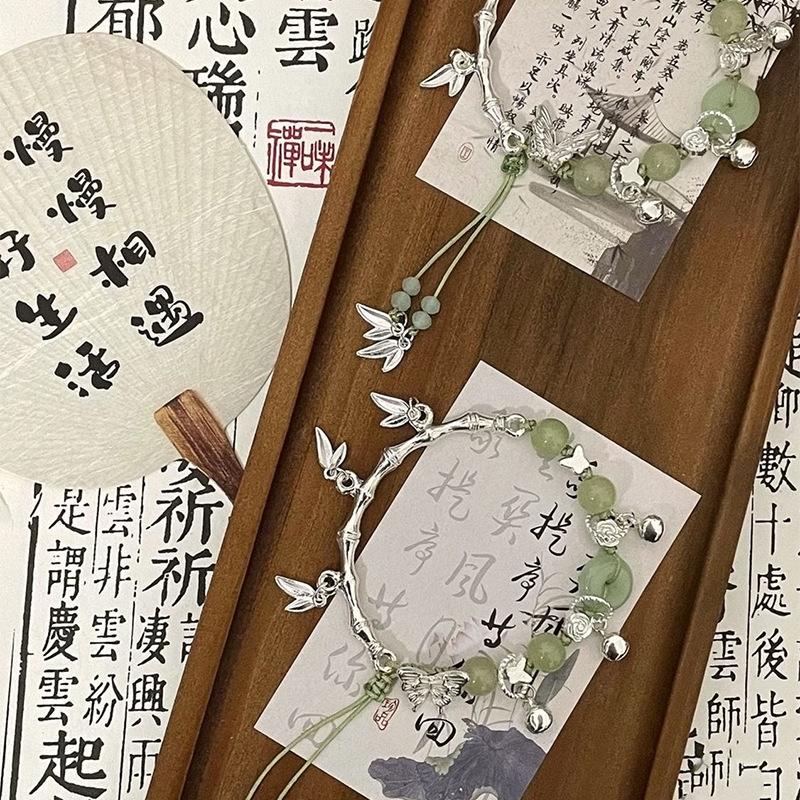 Bamboo Leaf Flower Jade Fringed Bracelet Antique Fashion Elegant Temperament Bracelet Daily Jewelry Women