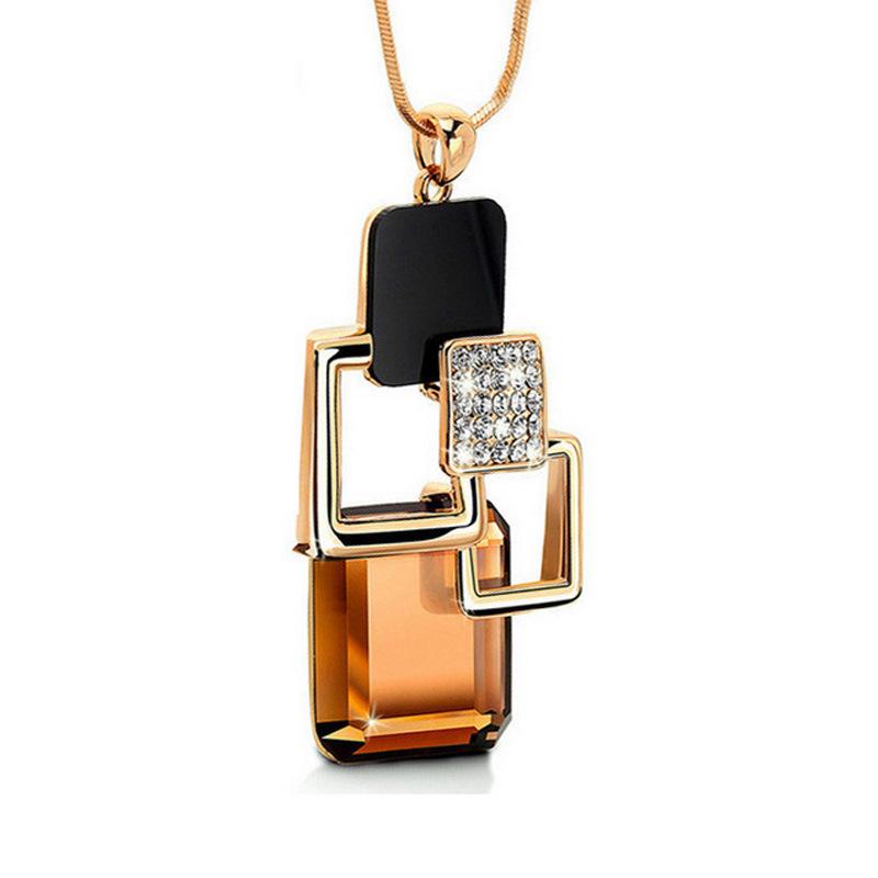 Geometric Crystal Long Sweater Chain Necklace for Women Metal Chain Necklace Fashion Jewelry Gift