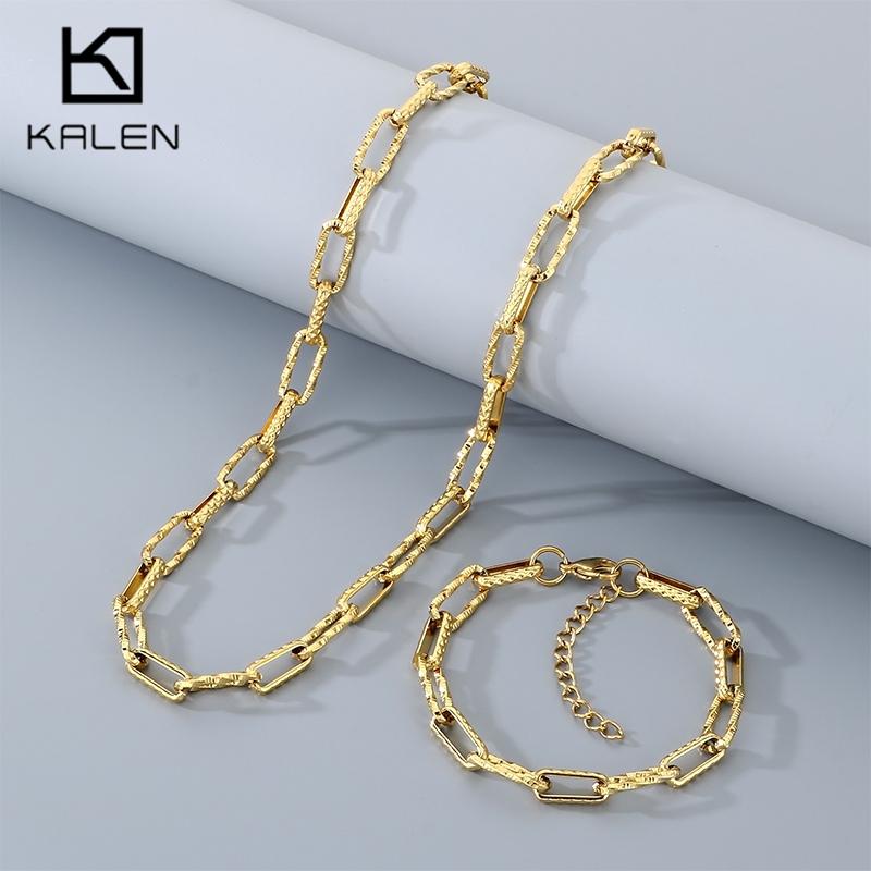 KALEN Gold Color Textured Paperclip Stainless Steel Bracelet for Men Hip Hop Necklace Women‘s Sets Waterproof Jewelry Gift