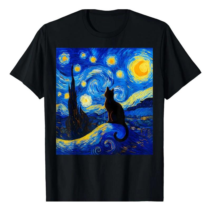 Gato Negro En Una Noche Estrellada  Divertida Camiseta De V S разноцветный