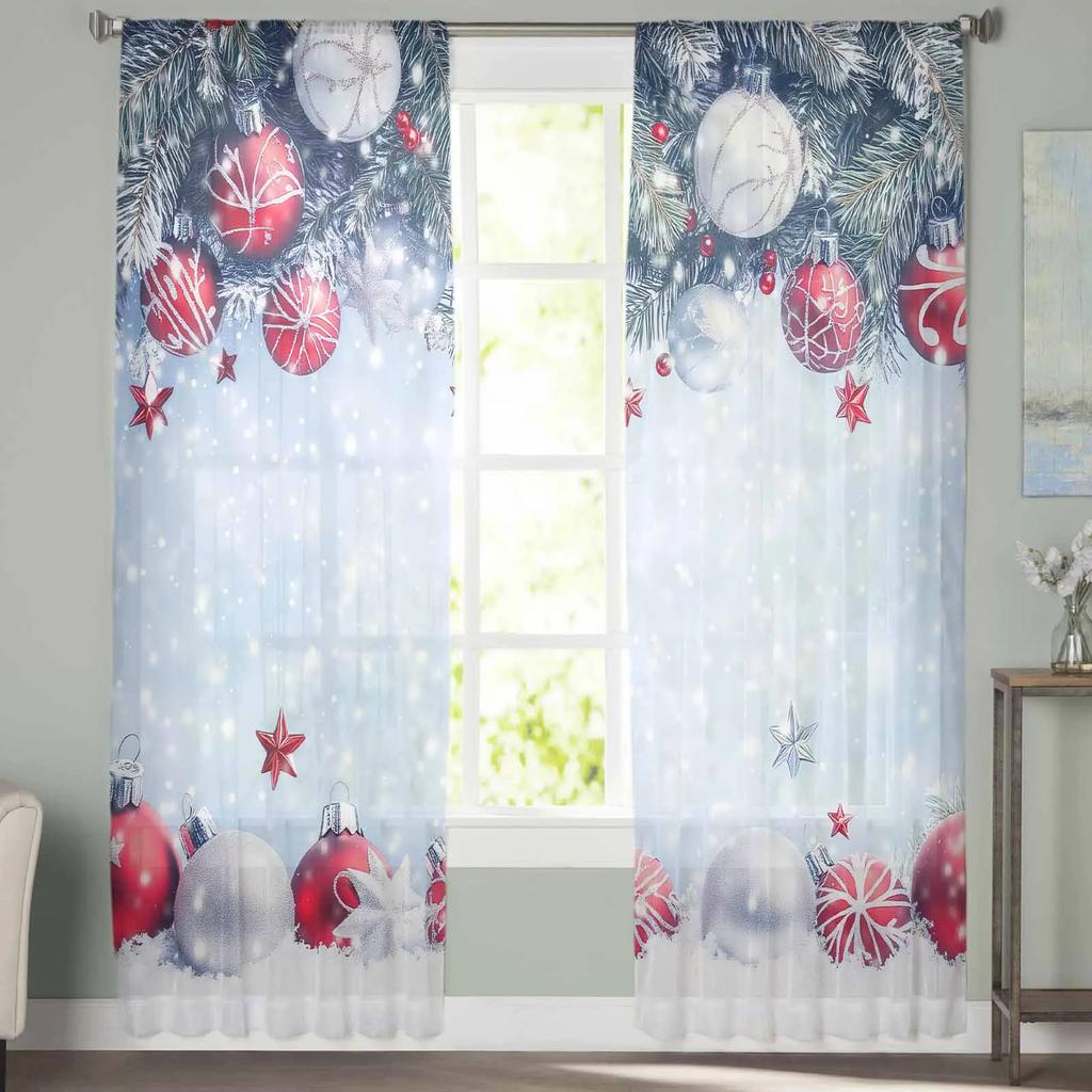 Christmas Snowball Sheer Curtains for Living Room Decoration Window Curtains Kitchen Tulle Voile Curtains