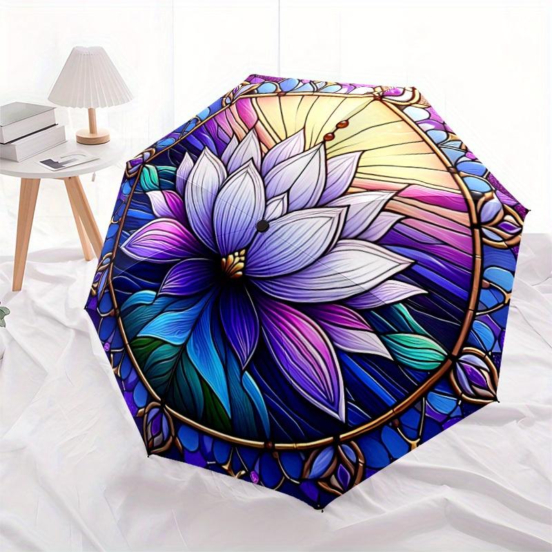 1pc Lotus StainedGlass Auto Open/close, All-Season Portable Folding Umbrella for Women & Men, Travel, Everyday, Formal Events - Compact Luxury Parasol