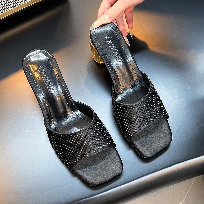 

25 Новые туфли-мюли на высоком каблуке с квадратным носком, украшенные стразами, женские сексуальные модные туфли-мюли на высоком каблуке с бриллиантовым покрытием 42 чёрный