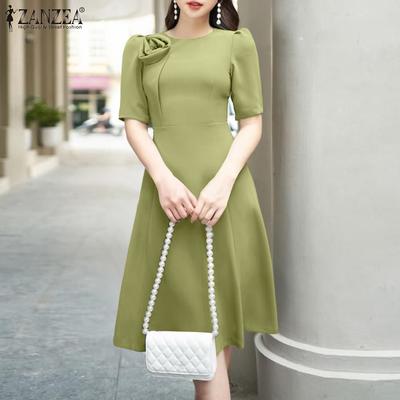 Damen Lässig Rundhals Sommer Kurzarm A-Linien-Kleid