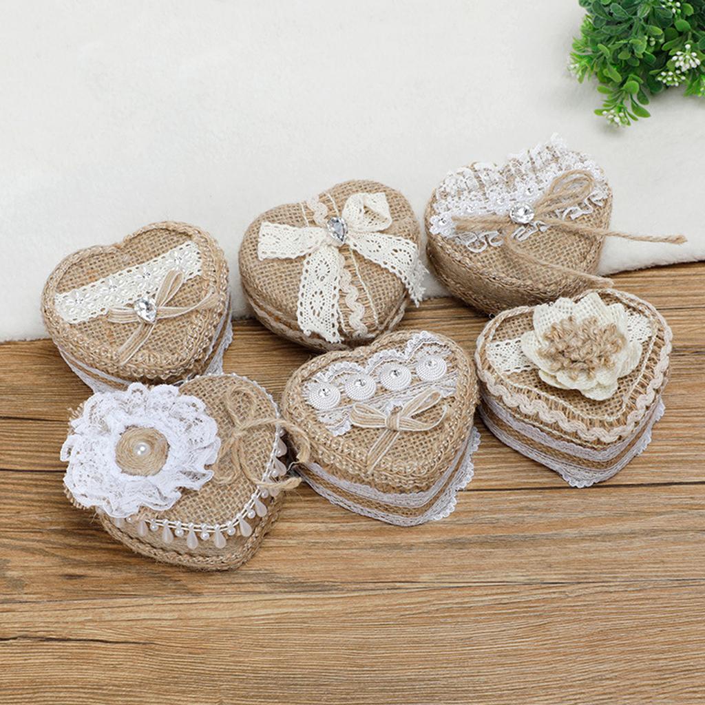 Heart-shape Linen Ring Box Jewelry Case Valentine's Day Vintage Country Wed Pastoral Ceremony Natural Ring Setting Storage Box