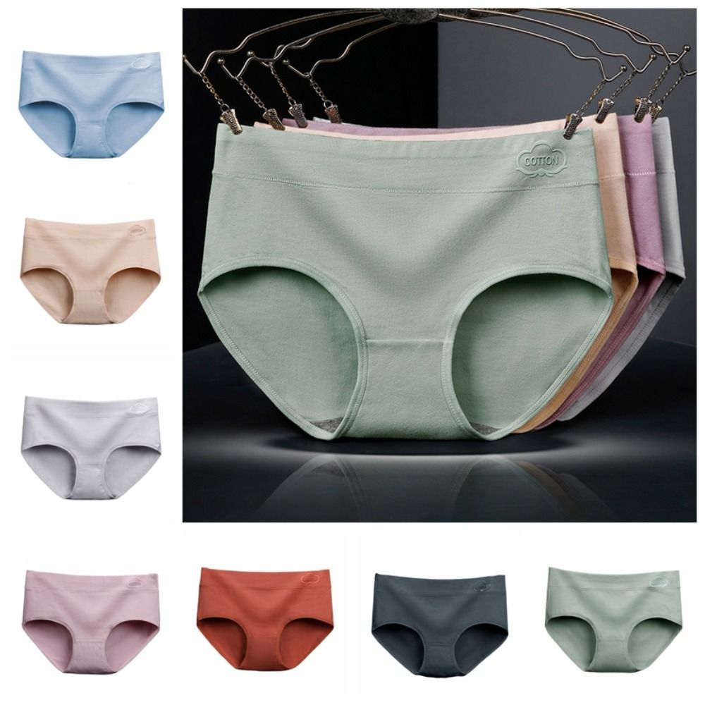 4pcs Solid Color Cotton Panties Lingerie Mid Waist Briefs Soft Women Underwear Lady