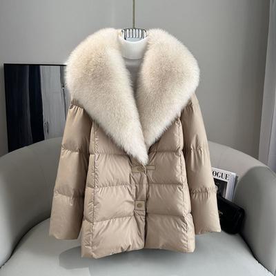 Winter Mid-length Temperament White Goose Puffer Parkas Women Faux Fur Detachable Large Lapel Fur Down Jacket