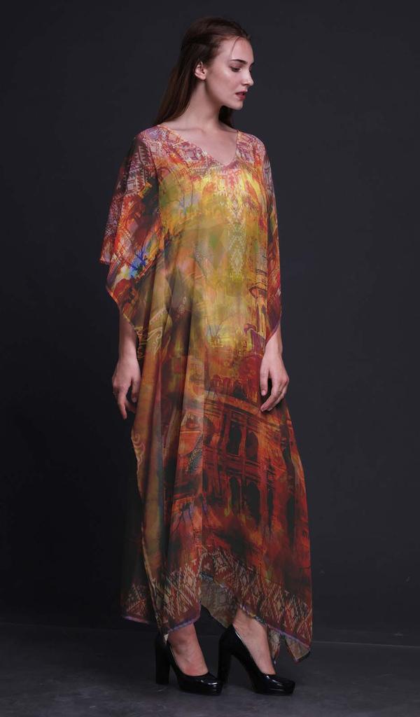 Phagun Mughal Monuments Long Caftan Maxi Dress Beach Swimwear Cover up Womens