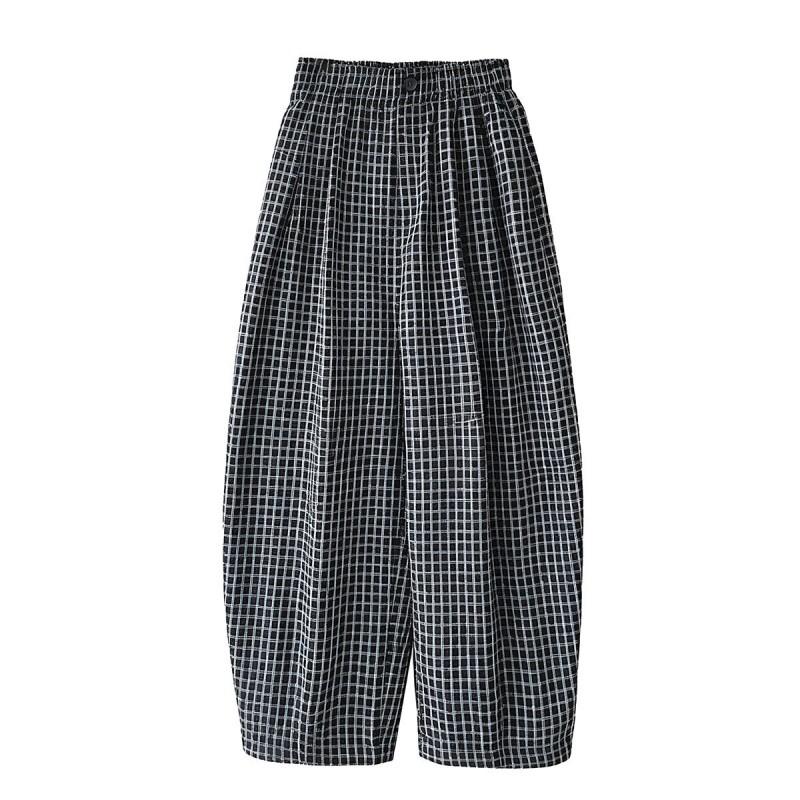 Womens High-Waisted Wide-Leg Cotton Blend Plaid Pants Loose Fit Casual Trousers Style