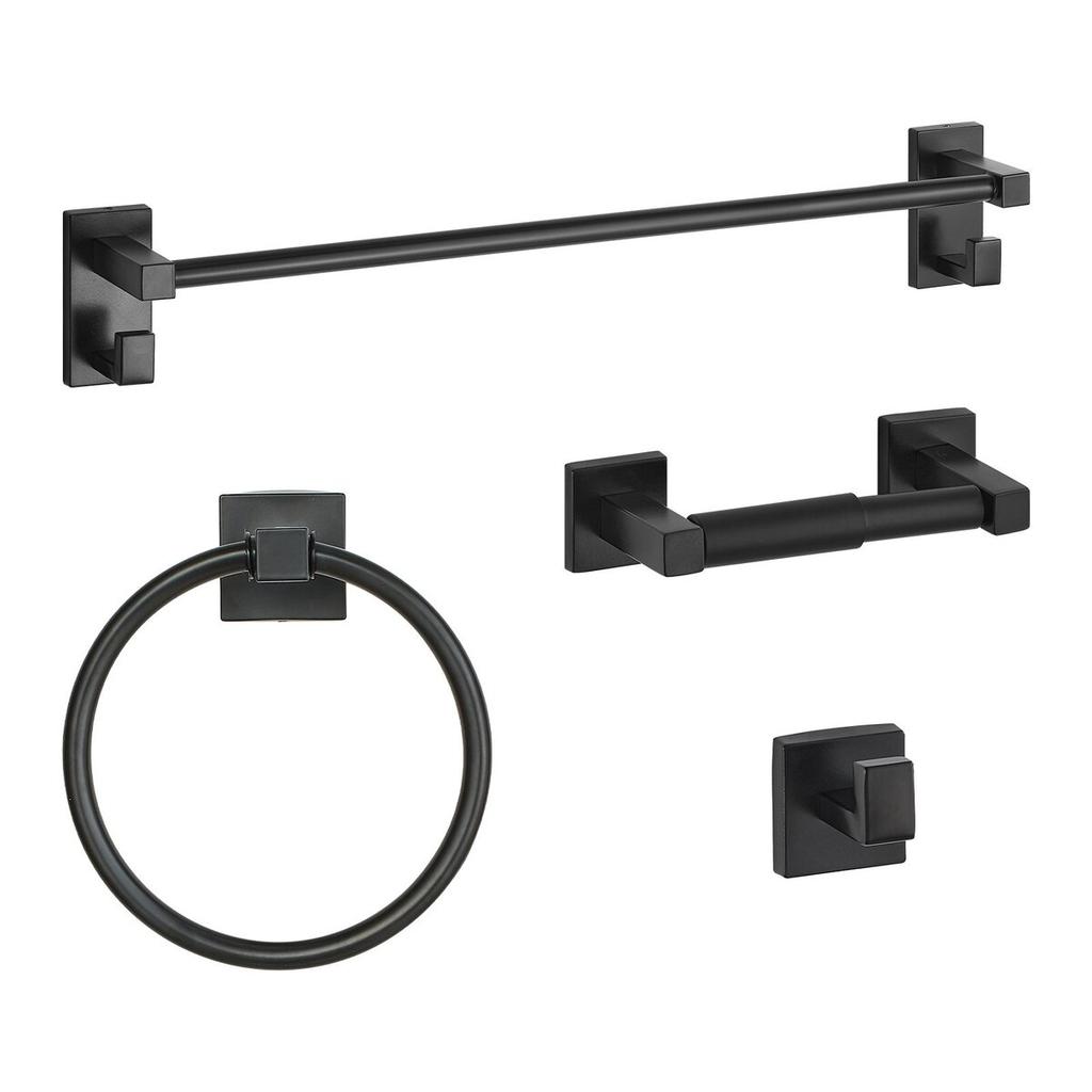 Matte Black Bathroom Hardware Set, 4 Pieces Stainless Steel Bathroom Accessories Set, 24-inch Towel Bar, Towel Ring, Robe Towel Hook, Toilet Paper