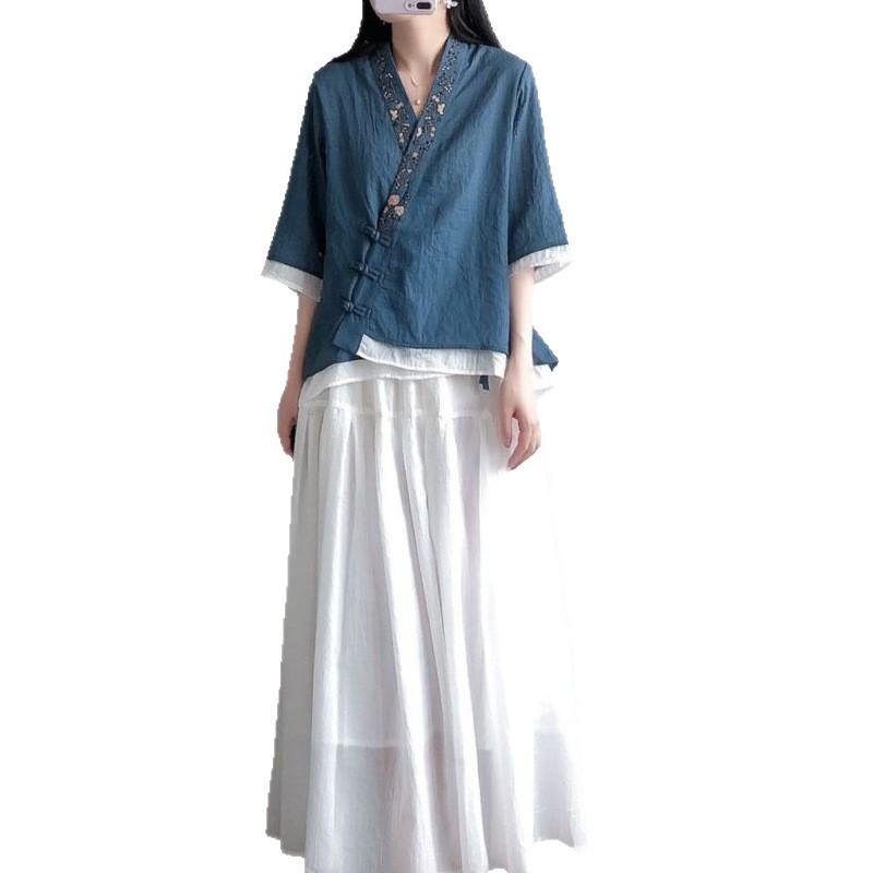 Women's Retro Cotton Linen Frog Button Top - Summer Chinese Tea Ceremony Style with Oblique Lapel and Five-Point Sleeves