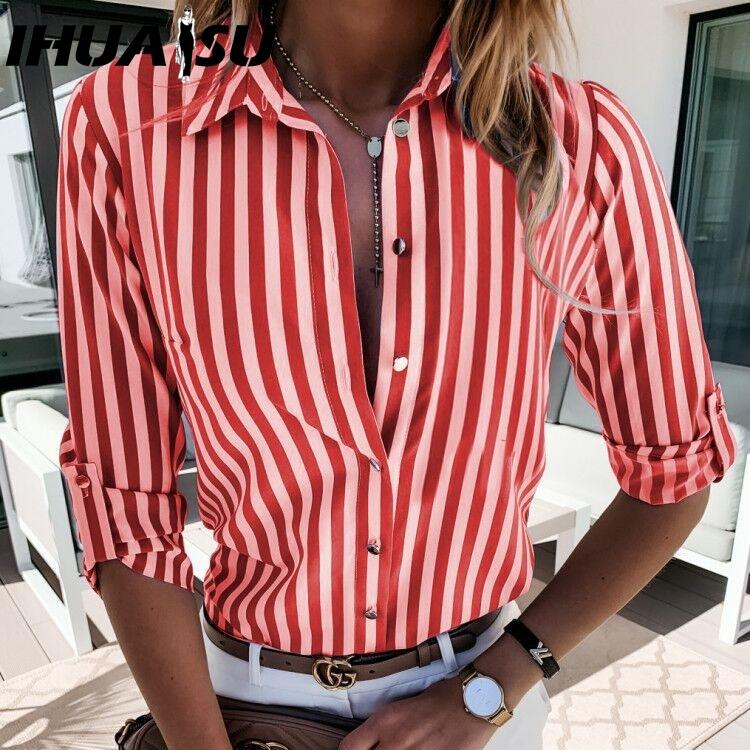

IHUASU Autumn Button-down Striped Shirt for Women T-shirt S красный