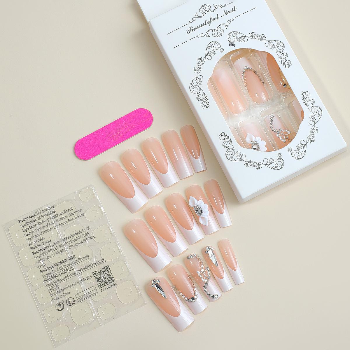 

White French Petal Rhinestone Butterfly Nail Set with Water Drop Design