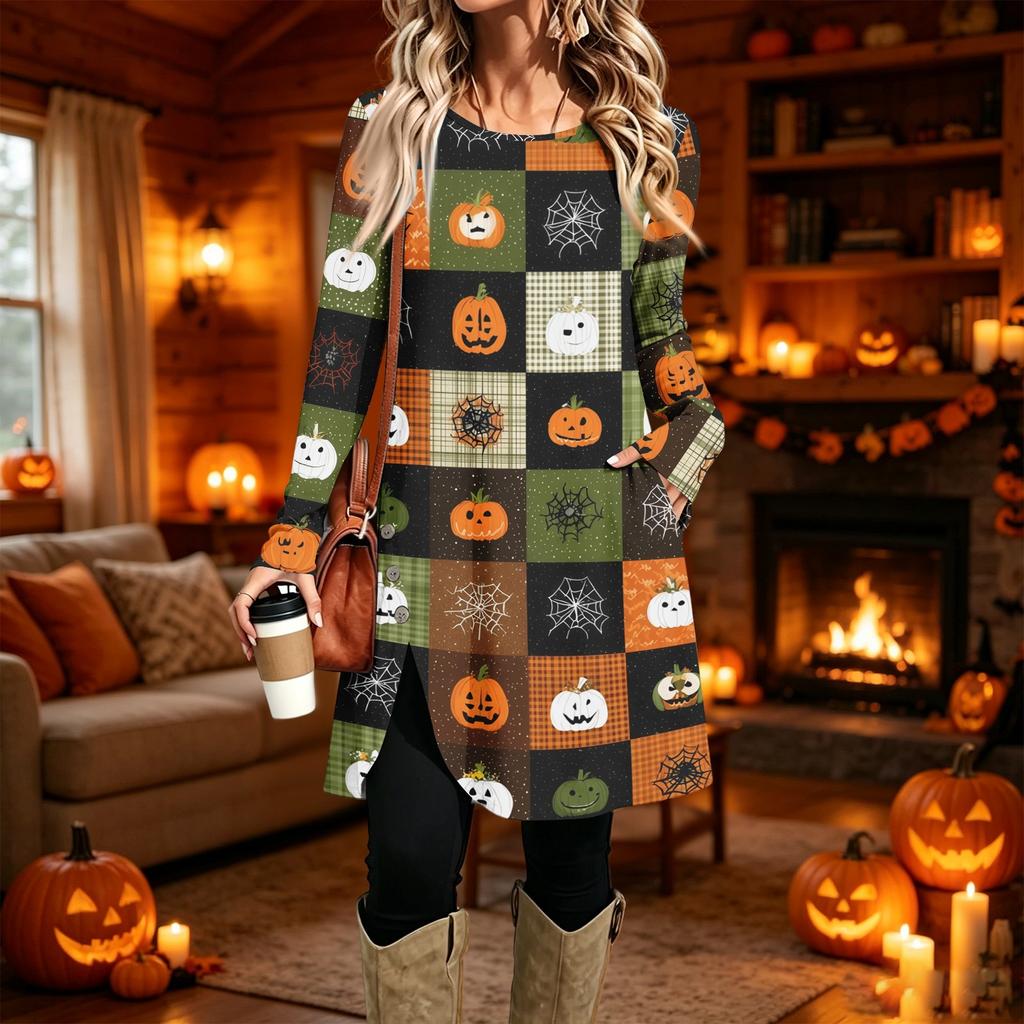 Damen Freizeitkleid mit Print, Langarm, Rundhalsausschnitt für den Alltag