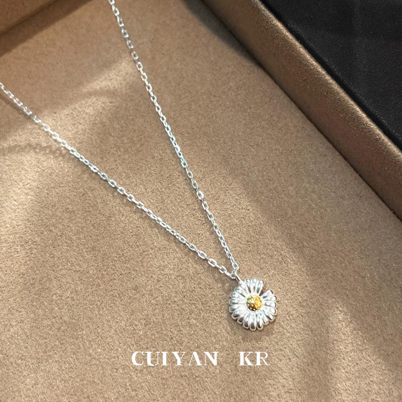 Cui Yan S925 Sterling Silver Daisy Necklace - Korean Summer Forest Style Women's Choker Jewelry