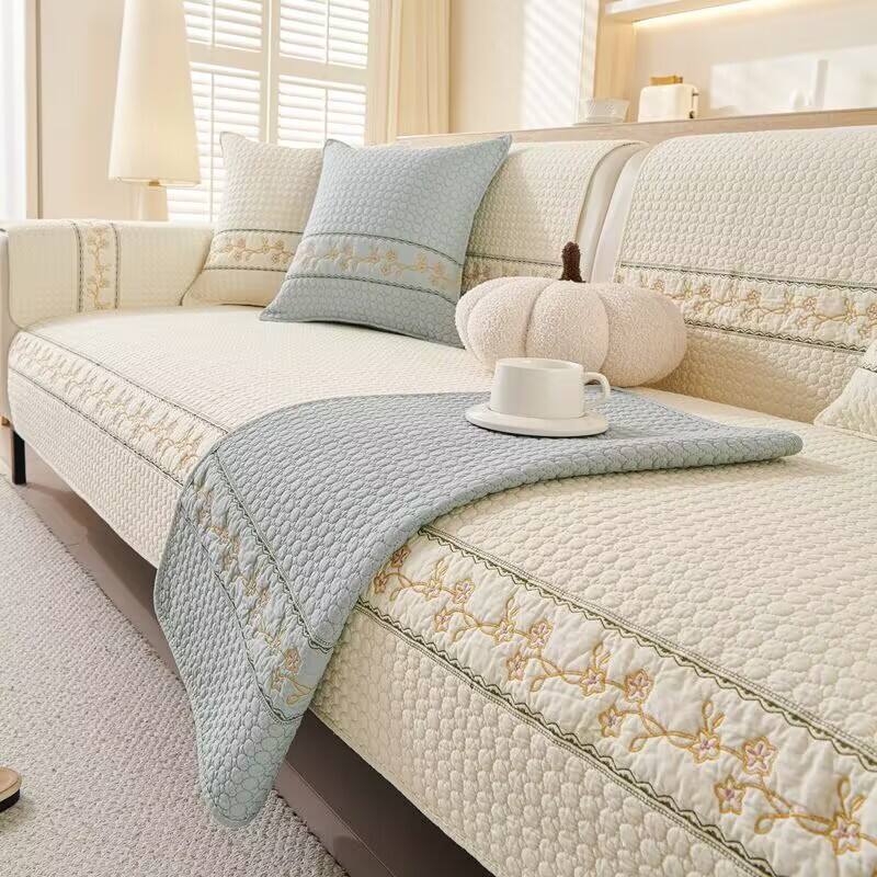 Purified Cotton Solid Color Sofa Cushion Anti-Slip with Exquisite Embroidery Durable Seat Cover Floral Decor Sofa Slipcover