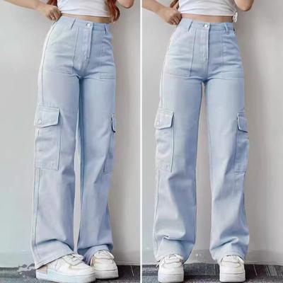 Yousheng Damen-Cargohose, mittelhoher Bund, Knopfleiste, Reißverschluss, Freizeithose mit mehreren Taschen, gerades Bein, lockere Passform, einfarbig, lange Hose