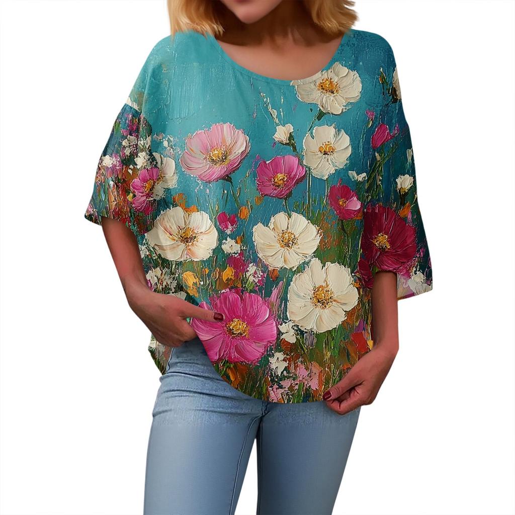Summer Tops For Women Cute V Neck 3/4 Sleeve Blouses Floral Print Top Casual Shirts