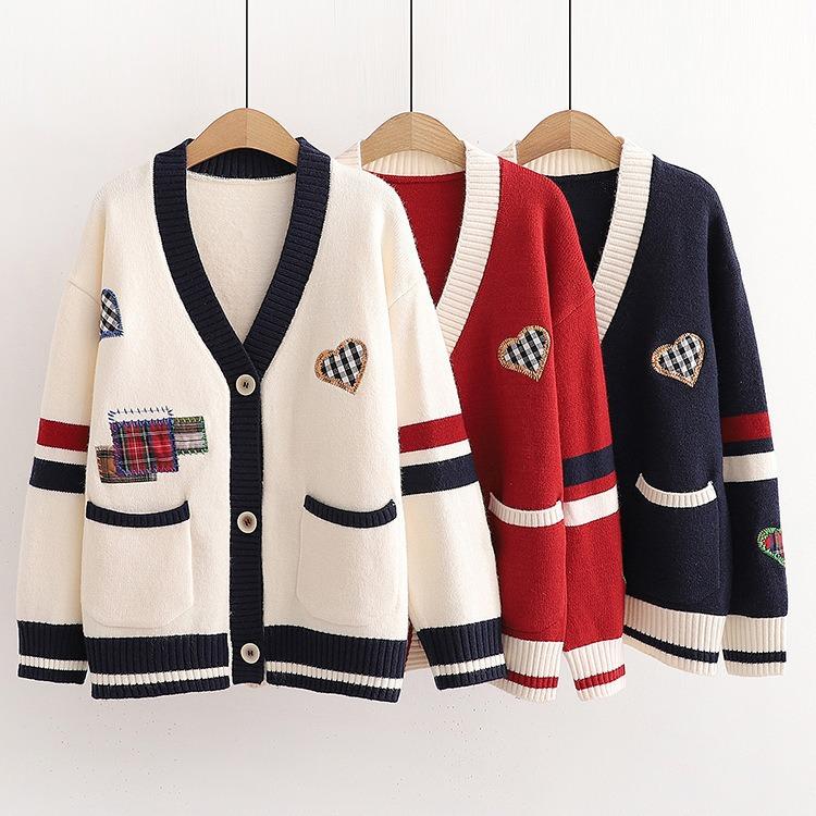 Embroidered Sweater Women's Coat Autumn and Winter Loose Knit Cardigan Long Sleeved Thick V - Neck Coat