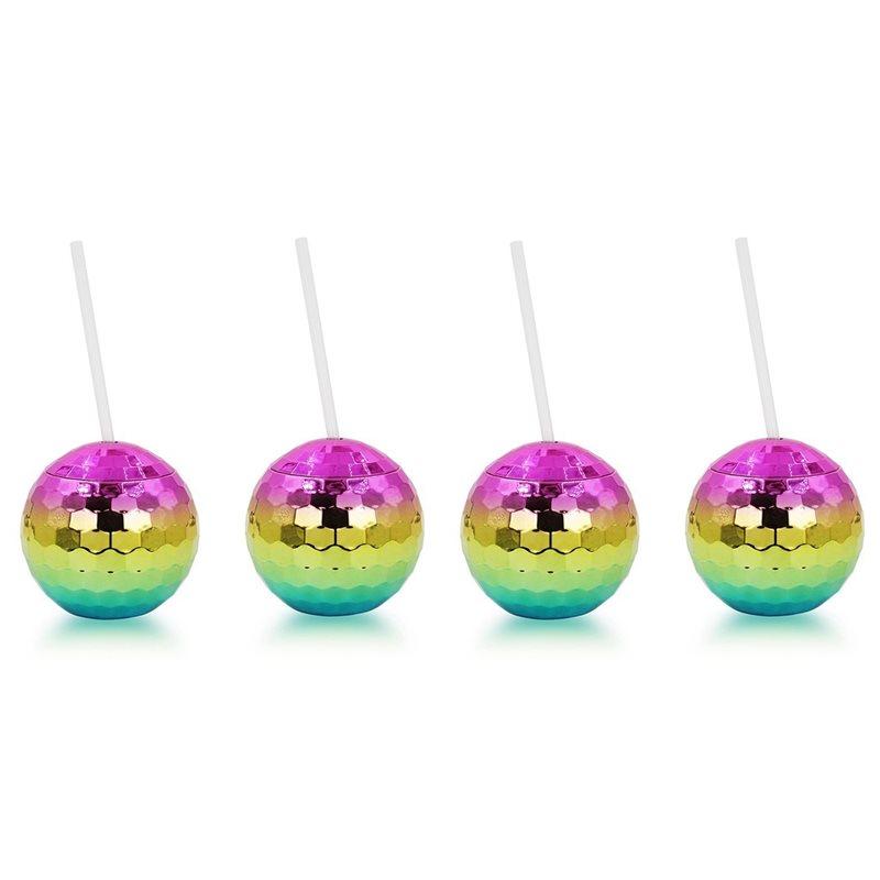 ABYN-4PCS Rainbow Disco Ball Cup With Lid And Straw - Bachelorette Party Decorations Party Favors