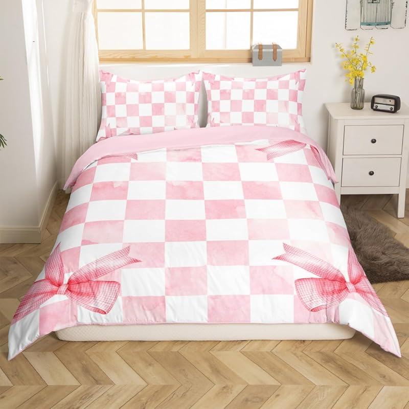 Cartoon pink bow princess bedding set, girls' bedroom decoration pink and white duvet cover, 2 pillowcases