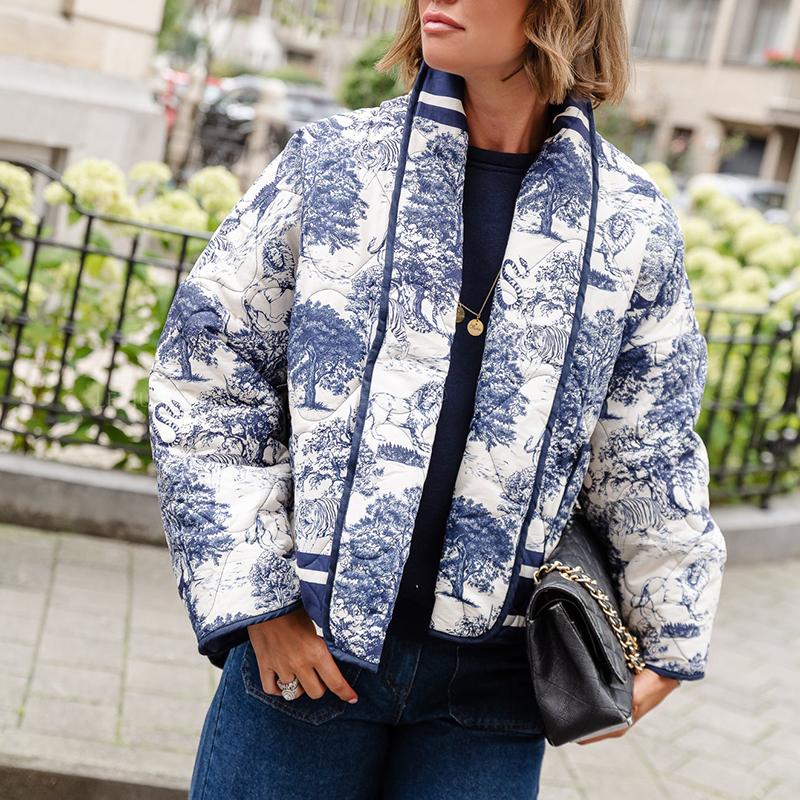 Printed Double Pocket Cotton Jacket Women Flower Printed Loose Casual Thickened Warm Coat Long Sleeve Cardigan Autumn Winter New Fashion