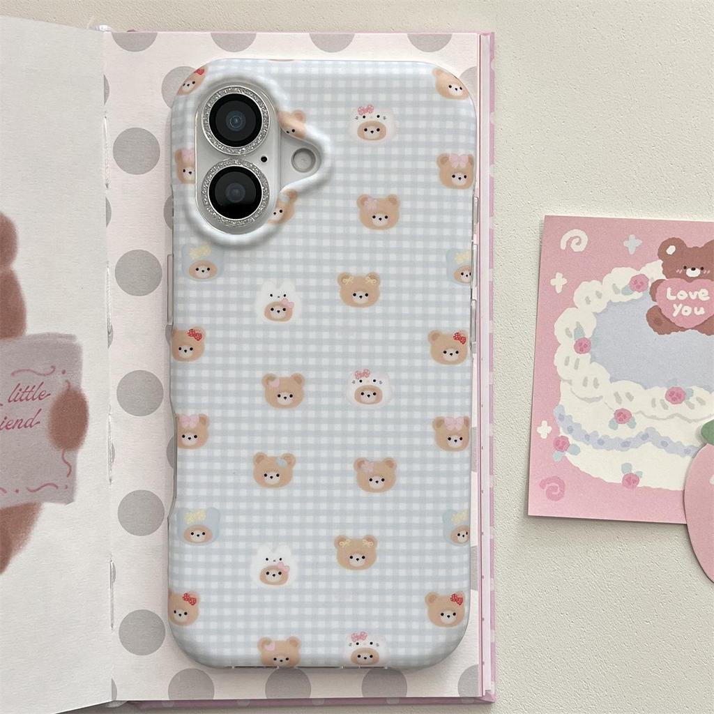 Plaid Little Bear Stand iPhone 14/13 & Apple 17/16/15 PROMAX Anti-fall Case