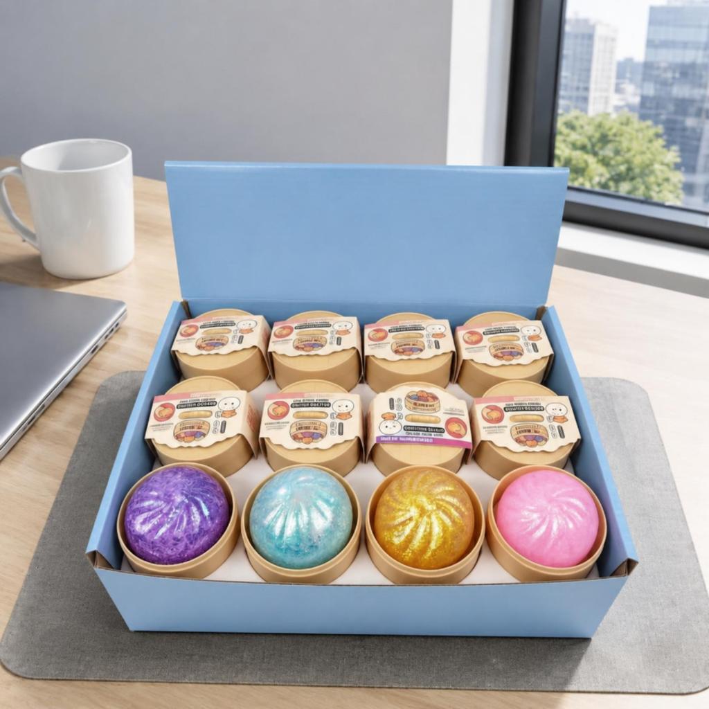 12 Pieces BunShaped Toy Glittery Bao Shallow Round Container Dumpling