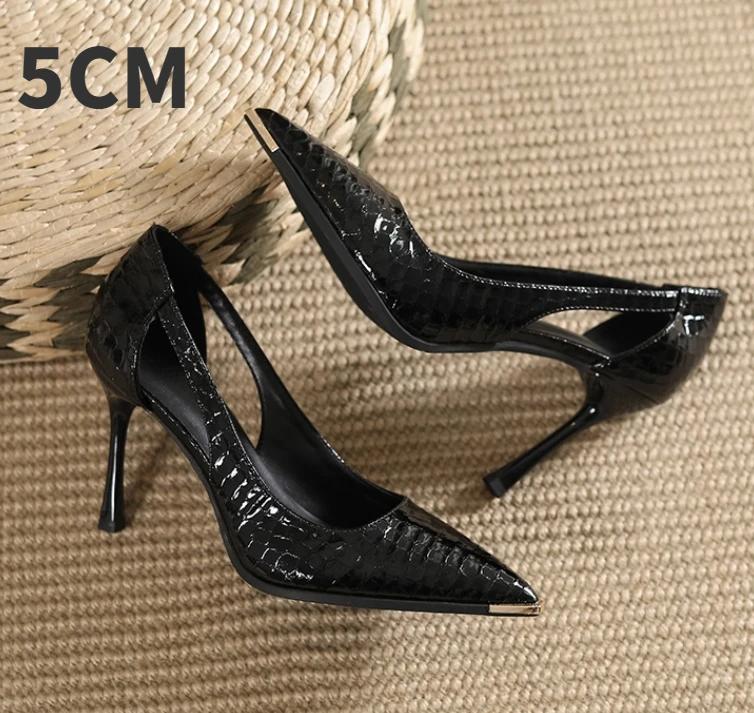 Fashion Women's High-heeled New with Stone Patterned Patent Leather Heels Women Pointed Toes Solid Color Widened Versized Womens Shoes