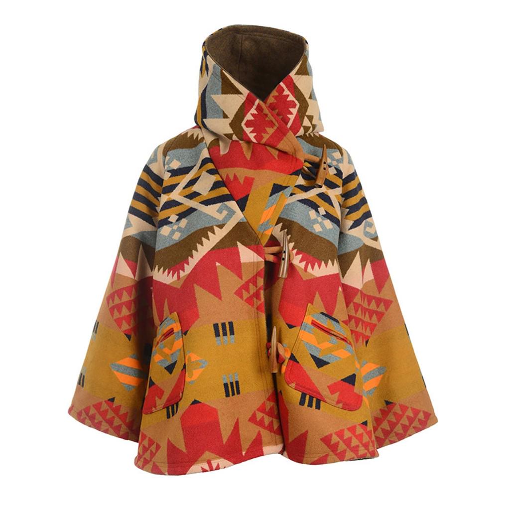 Women Casual Horn Buckle Retro Print Long Sleeve Hooded Jacket Pocket  Coats