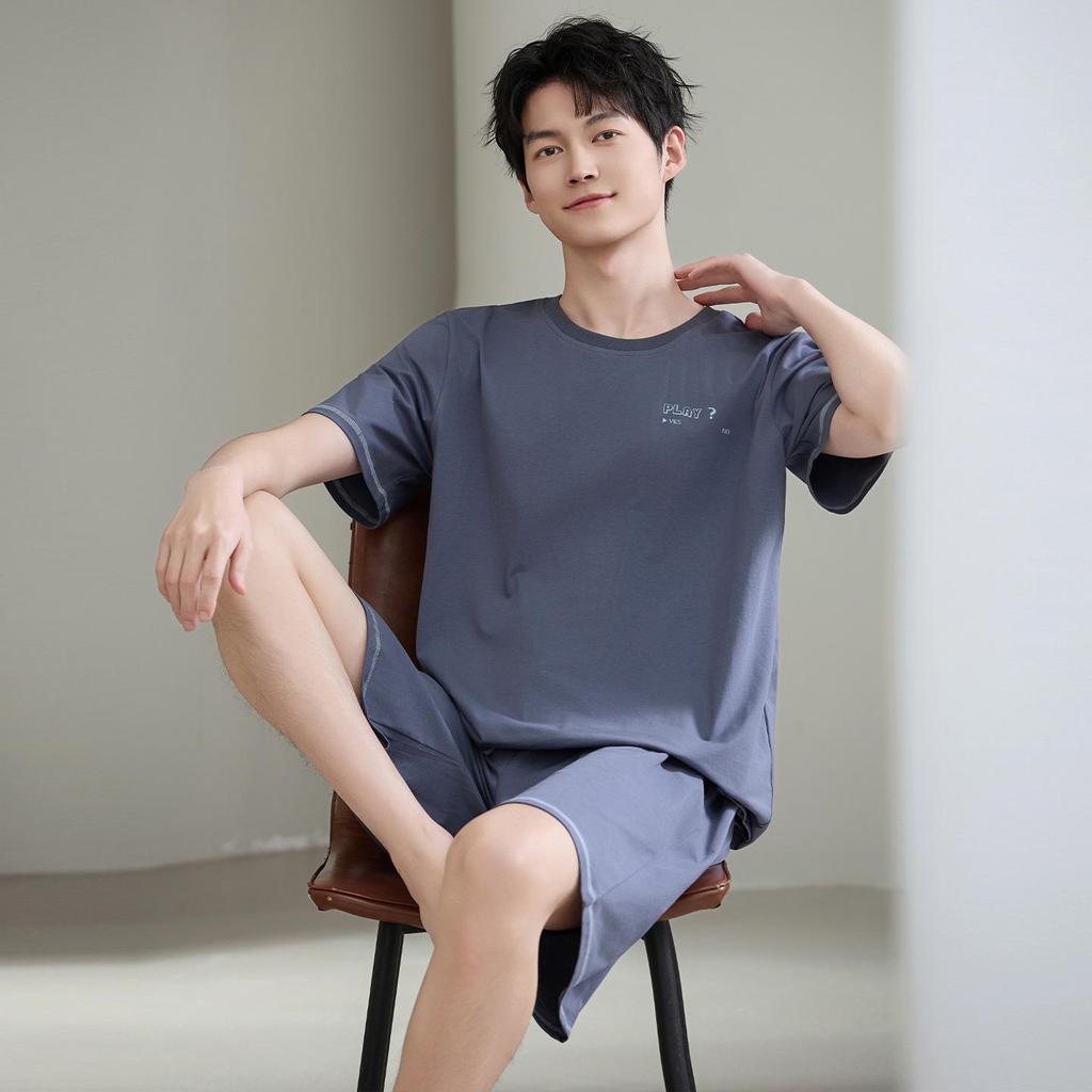 7A Antibacterial Plus Size Cotton Pajamas for Men - Short Sleeve & Shorts, Cooling, Round Neck, Summer Outerwear/Loungewear