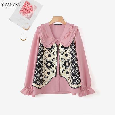 Women Casual Doll Collar Long Sleeve Loose Patchwork Blouse