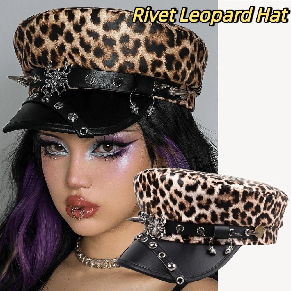 Punk Y2k Beret Hat Hip-hop Flat Top Cap Retro Rivet Leopard Hat for Women